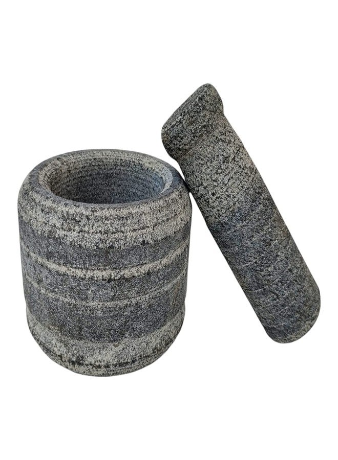 AZKAR Stone Mortar Pestle Set for Spices, Okhli Masher, Khalbatta Stone, Natural & Traditional Grinder, Musal, Well Design for Kitchen, Home, Herbs (4x3 inch) Grey - Image 3